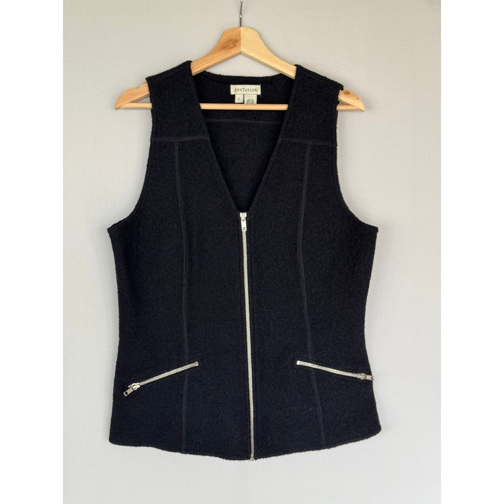 90s Vintage ANN TAYLOR Black Felted Wool Siver Tone Metal Zipper Vest Size Large